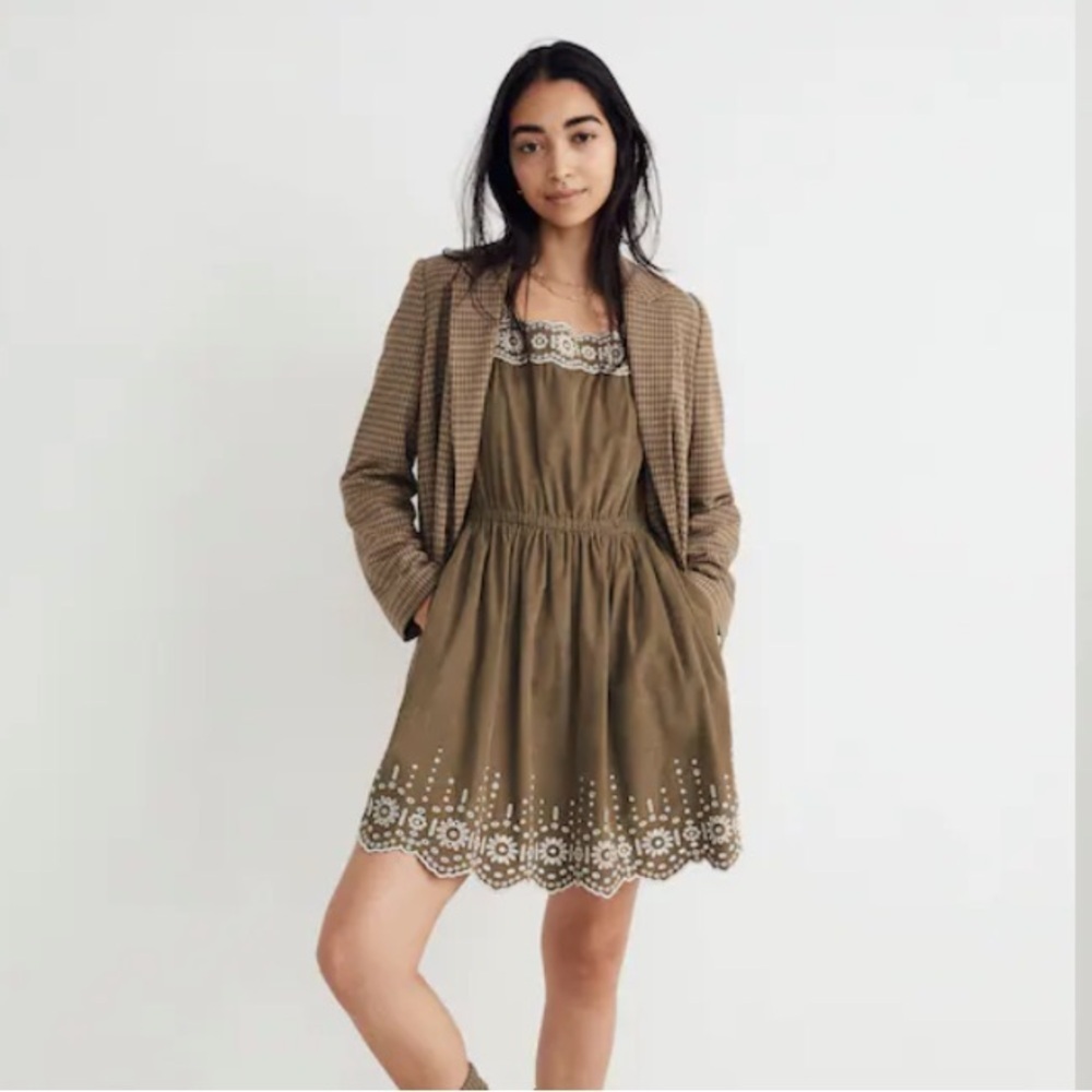 MADEWELL Boho Lace Embroidered Pea Green Corduroy Square Neck Mini Dress